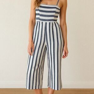 Takara Ivory Blue Striped Jumpsuit Modern Calf Length Size 7 Back Zip Minimalist
